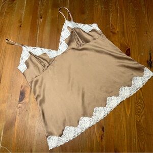 Vintage Like New Beautiful Caramel Silk Satin and Lace Camisole tank top Size XL